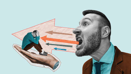 Art collage with a screaming man. Aggressive pressure or intimidation of an opponent.の写真素材