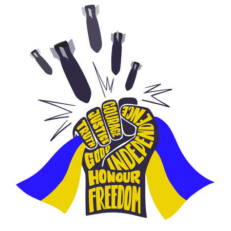 A clenched fist with a blue and yellow flag fights with rockets and bombs. A symbol of courage and struggle. The words honor, courage, justice, good, independence, truth and independence are inscribed in the fist.のイラスト素材