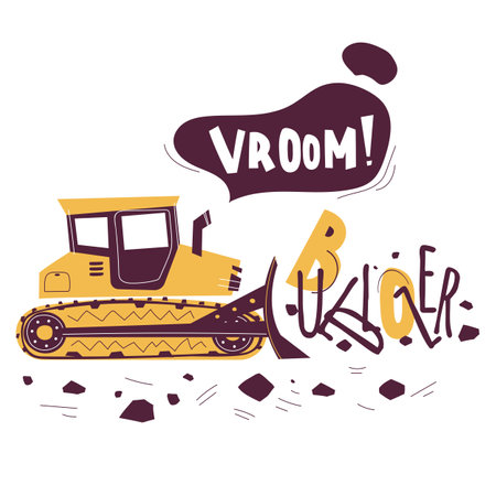 Letter B and bulldozer. Children ABC poster with transport. Yellow bulldozer for kids learning English vocabularyのイラスト素材