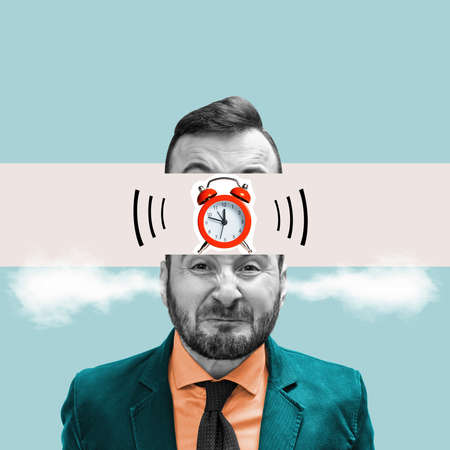 A man with an alarm clock in his head. art collage.