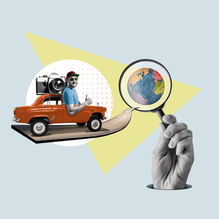 Traveling the world by car. art collage.の写真素材