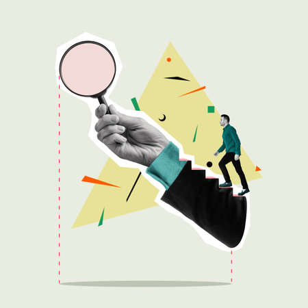 The man steps towards the hand with the magnifying glass. art collage.の写真素材