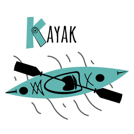 Letter K and Kayak. Children ABC poster with transport. Kayak for kids learning English vocabularyのイラスト素材
