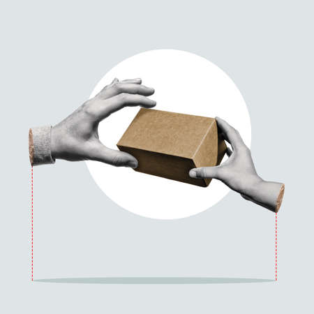 Delivery of package from hand to hand. art collage.の写真素材