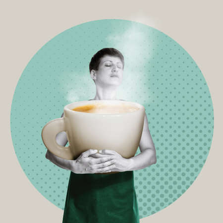 Barista with a huge cup of aromatic coffee. art collage.の写真素材