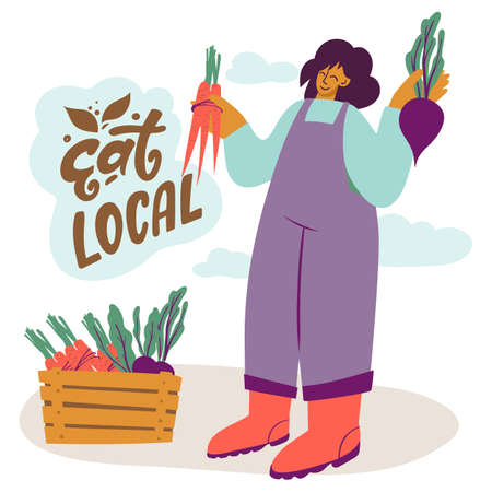 a smiling woman holds carrots and beets in her hands, next to her is a box of vegetables, and a call to eat localのイラスト素材