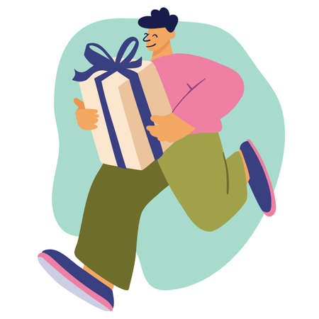 A man, a guy runs, hurries with gift box, deliveryのイラスト素材