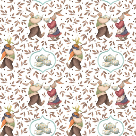 Vintage watercolor seamless pattern with characters. Bunny carries a large carrot as a gift, couple of bunnies drinking tea. Pattern for tea towel, wallpaper and etc.の写真素材