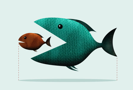 Big fish eats small, takeover of the company. art collage.の写真素材