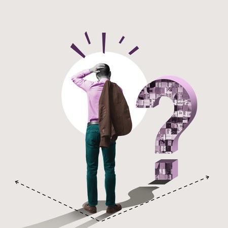 Businessman in front of a question mark. art collage.の写真素材