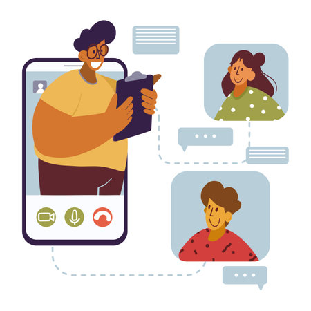 A man from the smartphone screen reads or reports something to his interlocutors. Online conference, video chat, online training, presentation. Concept of online learning, business conferences and othersのイラスト素材