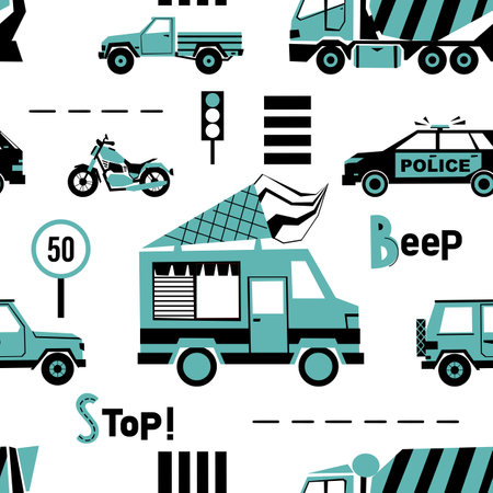 Cute seamless vector pattern with various cars, motorbike, different road elements: road markings, signs, traffic lights and beep signalsのイラスト素材