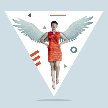 A beautiful and self-confident woman with wings takes off. art collage.の写真素材