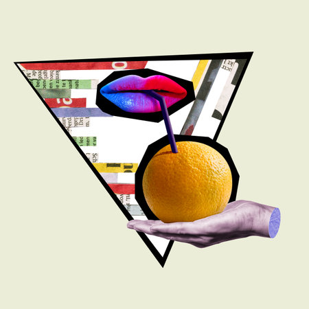 Art collage with orange, lips and cocktail straw.の写真素材
