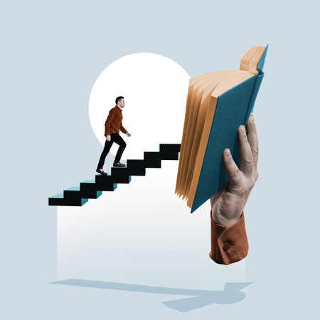 The man climbs the stairs to the open book. art collage.の写真素材