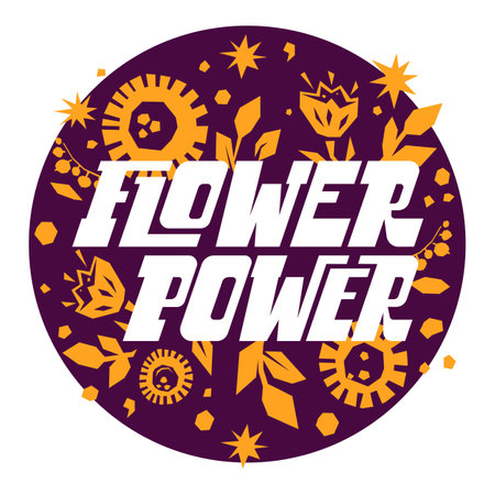 Flower power. Floral celebration greeting card. Lettering with flowers and leaves pattern. Folk ornamentのイラスト素材