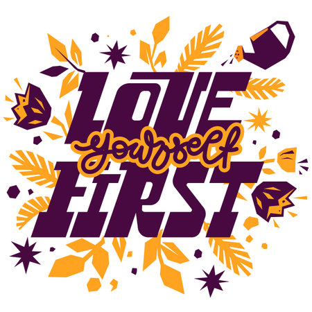 Love yourself first. Motivational quote. Lettering with flowers and leaves. Folk ornamentのイラスト素材