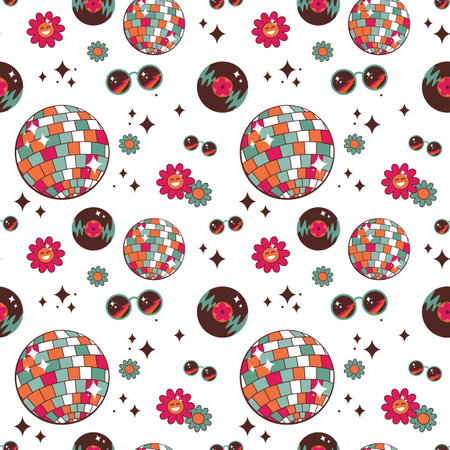 Seamless patern inspired by disco and the era of the 70-80s. Disco ball, sunglasses, vinyl, daisies, tropical leaves, stars and shineのイラスト素材