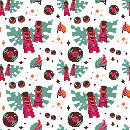 Seamless patern inspired by disco, roller skates and the era of the 70-80s. Roller skates, helmet,...