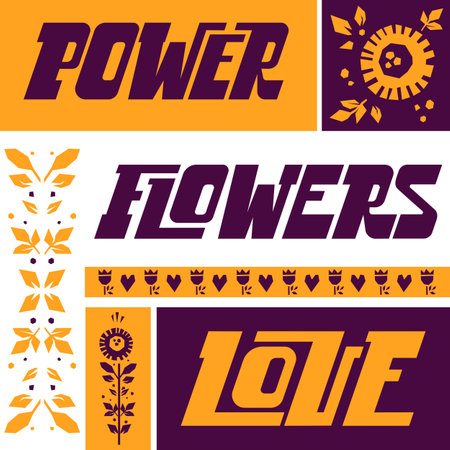 Power. Flowers. Love. Motivational graphic poster in folk style. Lettering with sunflowers and leavesのイラスト素材