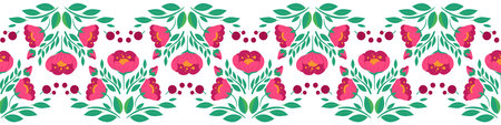 Vector floral seamless border. Folk art decoration with with currant berries and cherry flowers. Rustic floral ornamentのイラスト素材
