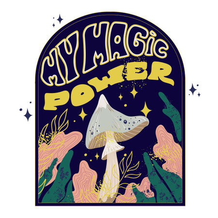 My magic power. Vector inspirational poster, patch or t-shirt print with hand drawn quote, forest leaves and mushrooms on dark backgroundのイラスト素材