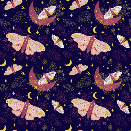 Beautiful bohemian vector seamless pattern with butterflies night moths decorated with ornaments, crescents, twigs and stars on dark backgroundのイラスト素材