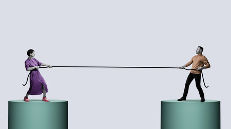 Competition between a man and a woman, gender equality. art collage.の写真素材