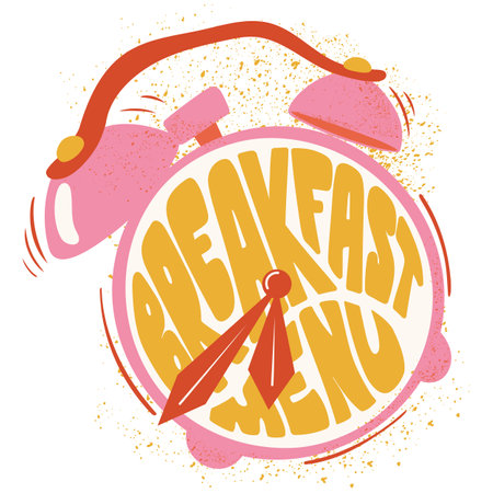 Breakfast menu. Pink alarm clock and lettering. Illustration in retro style for breakfast menu, flayers or posters and others.のイラスト素材