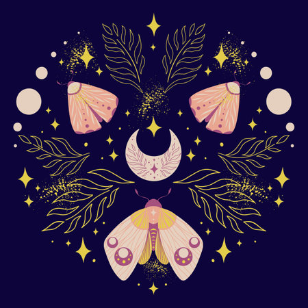 Magical pattern of butterflies night moths and twigs, crescent, stars and fairy dust on dark background. Vector symmetric celestial boho printのイラスト素材