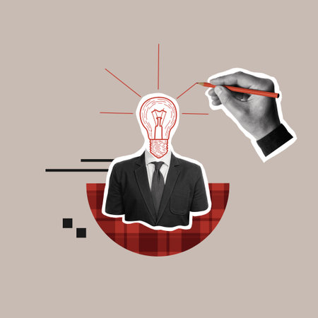 Scientist with a lightbulb instead of a head. Art collage.の写真素材