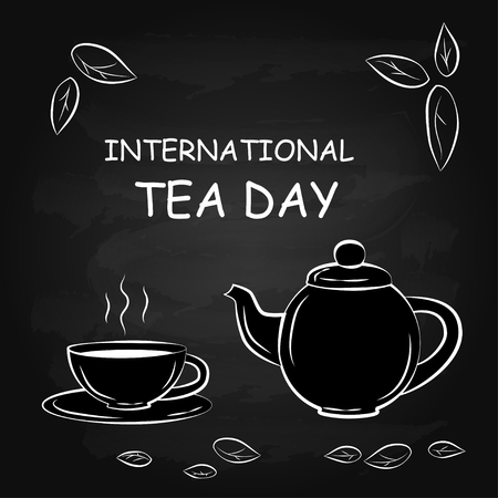 Black And White Drawing Of Cup And Teapot. Silhouette Of A Cup Of Tea And Teapot.のイラスト素材