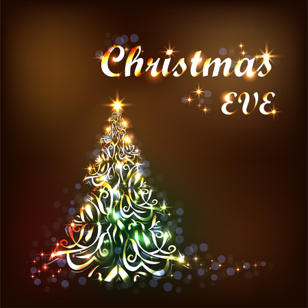 Colorful Christmas Tree and Glowing Lights on a Brown Background.のイラスト素材