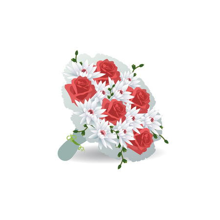 Bouquet of red roses with a gift box with hearts.. Vector illustration on white background. EPS10のイラスト素材