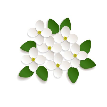 Small white flowers with leaves. Vector illustration of paper cut. EPS10のイラスト素材