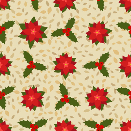 Seamless Christmas pattern with holly berry and poinsettia vector illustrationのイラスト素材