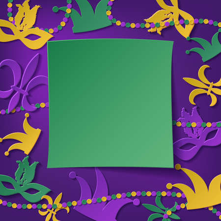 Mardi gras. Elegant frame. Place for your text. Carnival masks, beads, confetti, fleur de lis.のイラスト素材