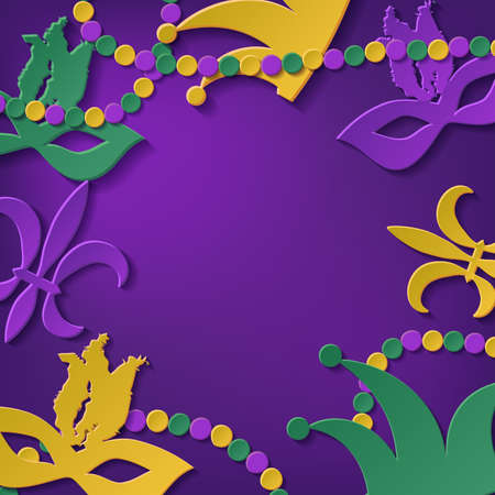 Mardi gras. Elegant frame. Place for your text. Carnival masks, beads, confetti, fleur de lis.のイラスト素材
