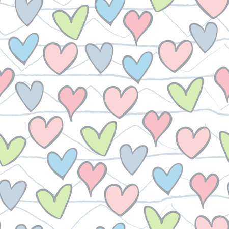 Abstract seamless pattern of hand-drawn doodle hearts on a white background.