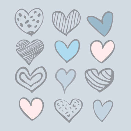 Set of twelve hand-drawn hearts isolated on a white backgroundのイラスト素材