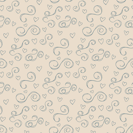 Wavy and swirling brush strokes of vector seamless pattern with heartsのイラスト素材