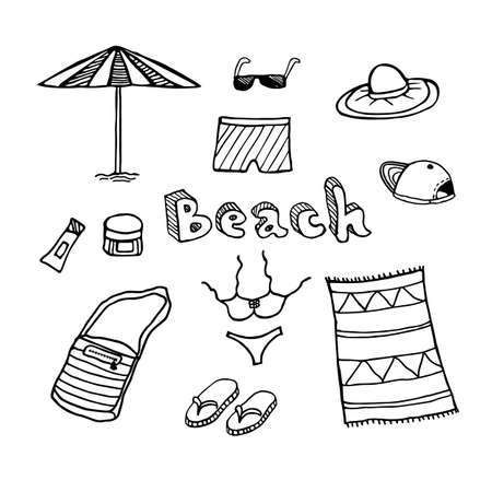 A set of black and white hand drawings of beach accessories.のイラスト素材