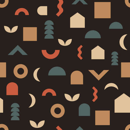 Seamless pattern of simple geometric shapes on a dark background.
