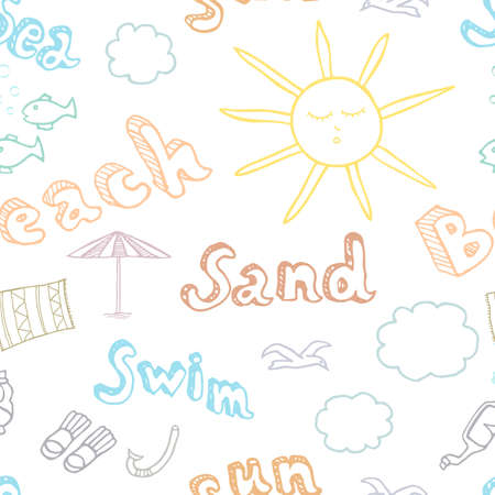 Seamless hand drawn beach doodle with lettering in vector.