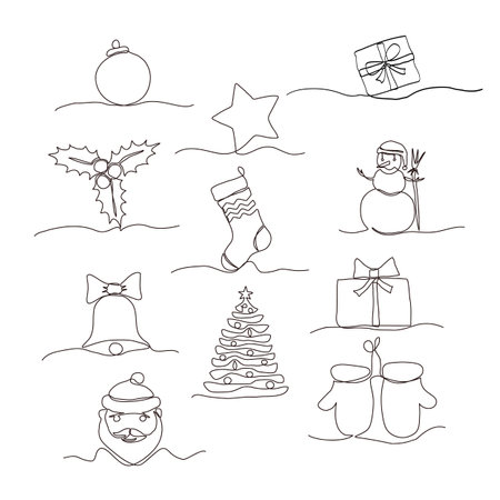 Continuous one line drawing Christmas design elements.のイラスト素材