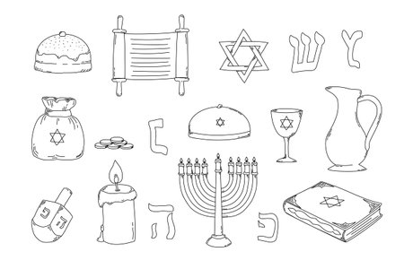 Hanukkah traditional jewish holiday doodle symbols set isolated backgroundのイラスト素材