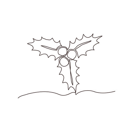 Continuous one line of holly leaves and fruit in silhouette. Vector illustrationのイラスト素材