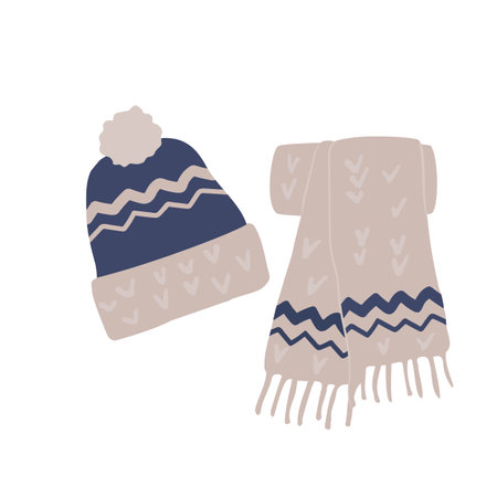 Hand drawn vector illustration winter clothing hat and scarf.のイラスト素材