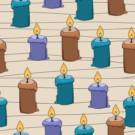 Candles hand drawn seamless pattern with lines on background.のイラスト素材