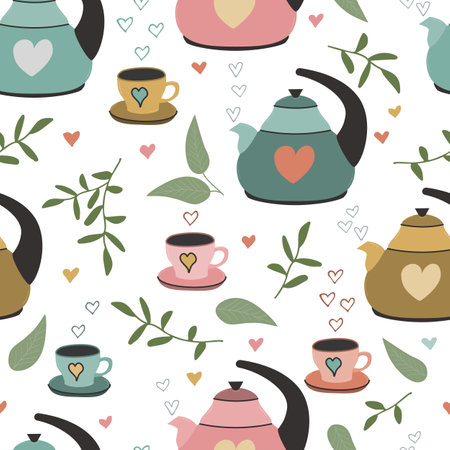 Seamless pattern with teapot and cup hand-drawn.のイラスト素材